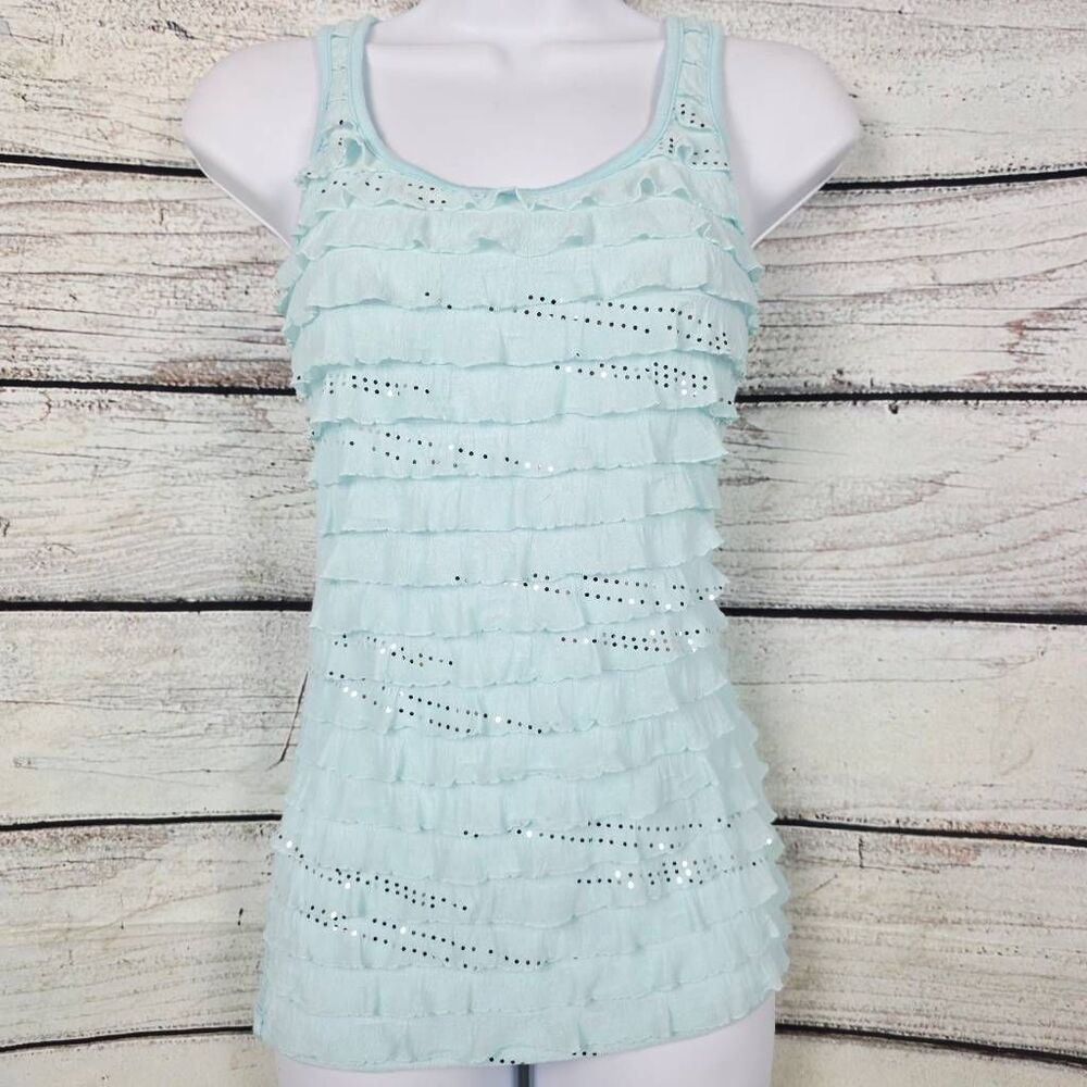 Free Kisses Aqua Blue Ruffle Sequin Tank Top Size S Made in USA